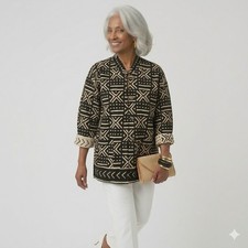 Vintage 90s African Print Jacket - Cotton Black  Cream Blazer - Reversible XL