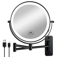 8" Wall Mounted Lighted Makeup Mirror,Rechargeable Double Sided 1X/10X Magnif...