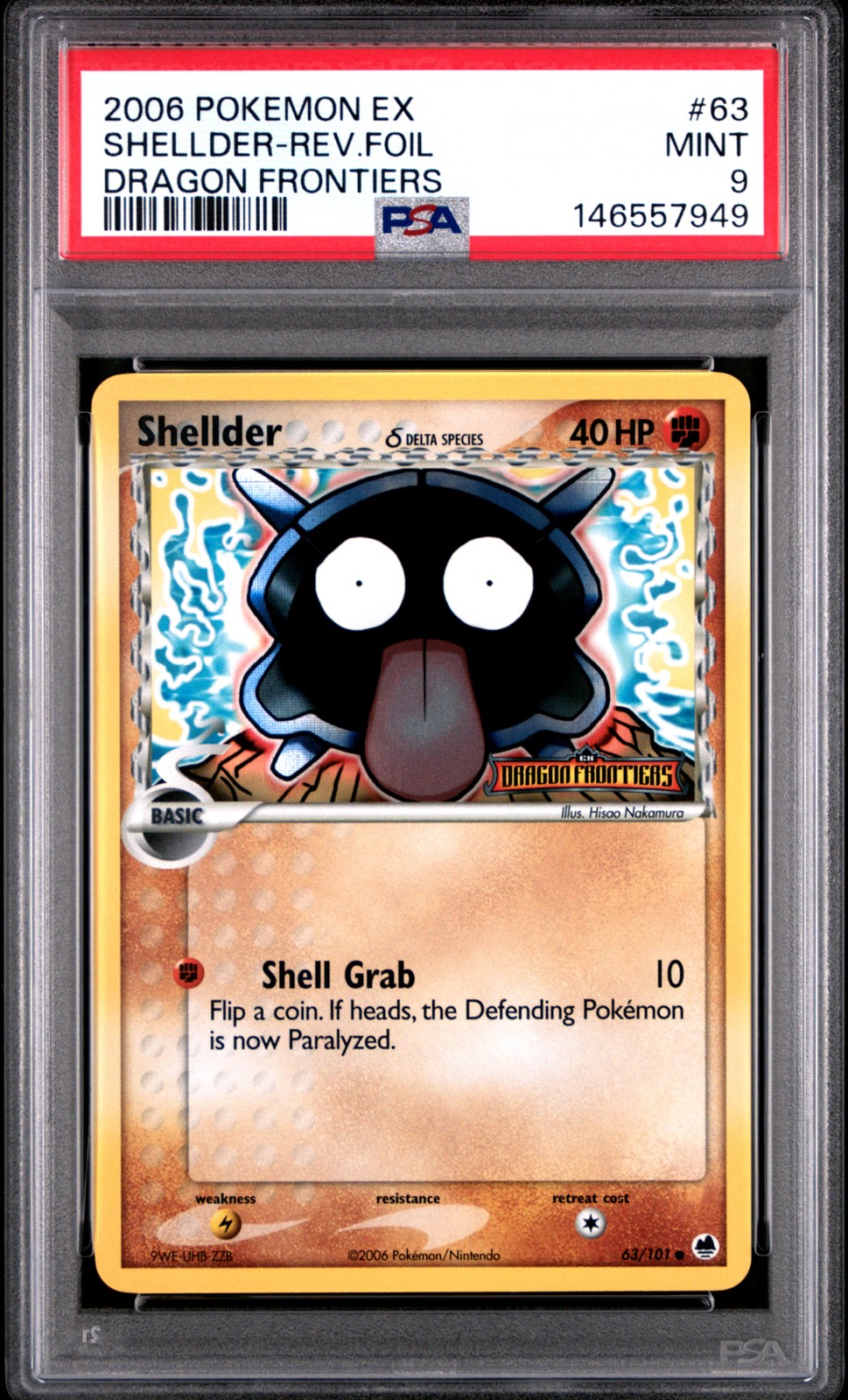 2006 POKEMON EX DRAGON FRONTIERS #63 SHELLDER-REVERSE FOIL PSA 9