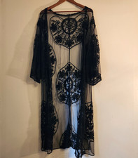 Black Sheer Lace Kimono Duster Size L Boho Witchy Gothic Dark Feminine Layering