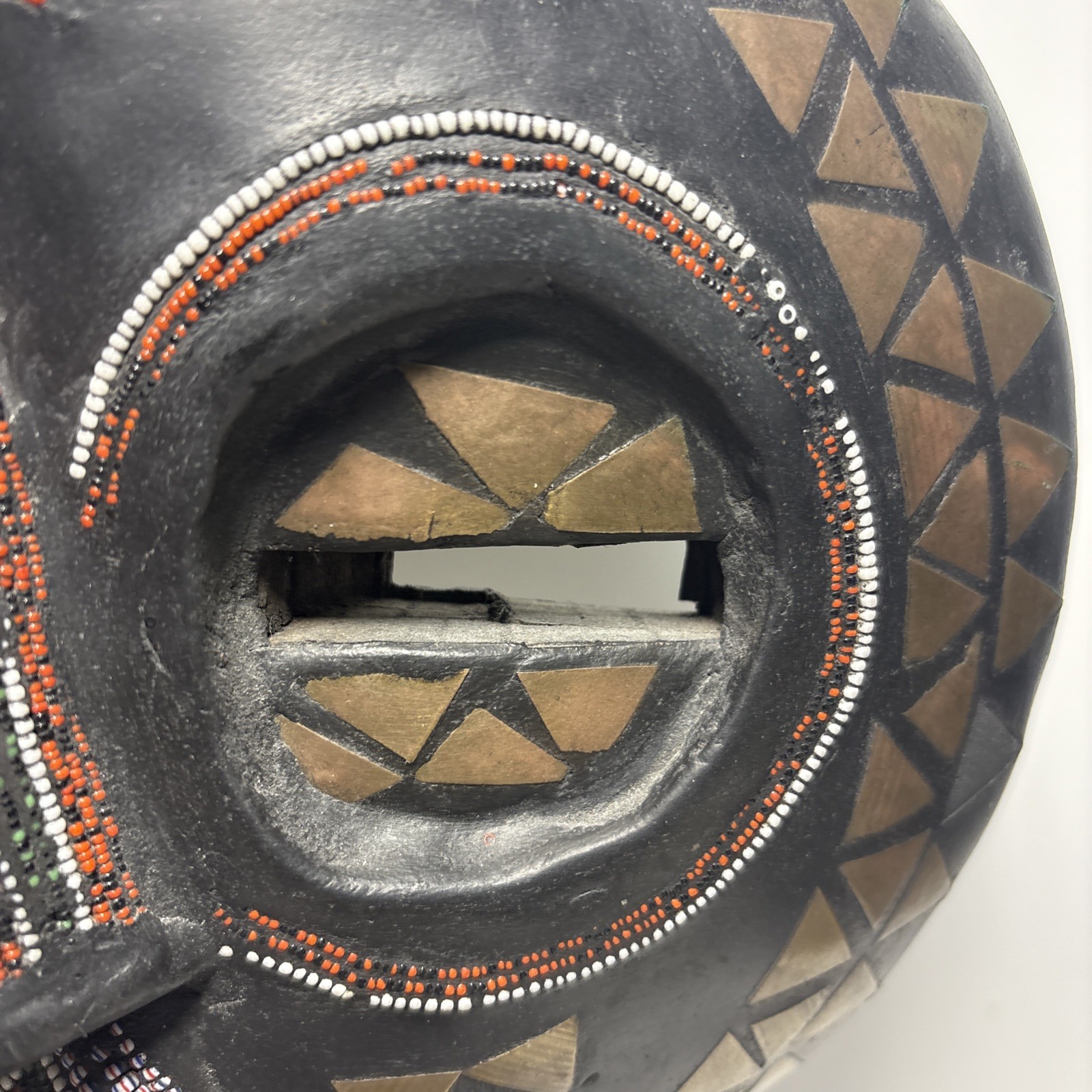 Vintage African Hand Made Carved Round Wood Beaded Tribal Mask W/Stand