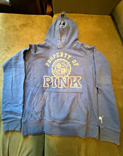 PINK Victoria  s Secret Women  s L Blue University Logo Graphic Pullover Hoodie