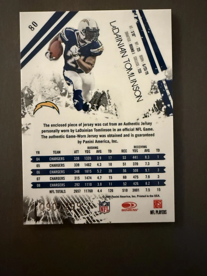 2009 Donruss LaDainian Tomlinson Rookie & Stars Longevity Materials Ruby /299 - Image 2 of 3