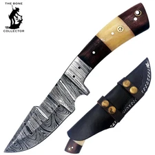 9" White & Brown Bone Collector Damascus Blade Hunting Knife with Leather Sheath