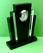 Vintage Geometric Art Deco Style Mantle Clock Black And Clear Glass