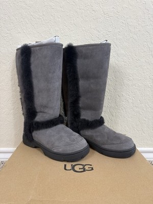 UGG Sunburst Grey Black Tall Shearling Boots Size 5 Winter Rubber Sole Womens