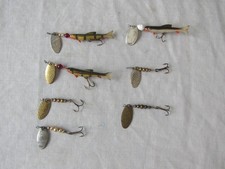 Lot of  7 vintage swiss and similar spinner fishing lures,  3 w/ rubber minnows