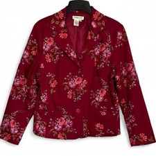 Coldwater Creek Womens Red Embroidered Floral Blazer Jacket Lined Size L Cotton