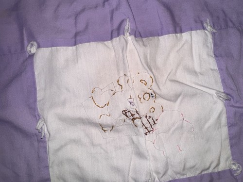 VTG Purple Handmade Baby Quilt Blanket Embroidered Squares 40 x 44 Needs work - Picture 8 of 14