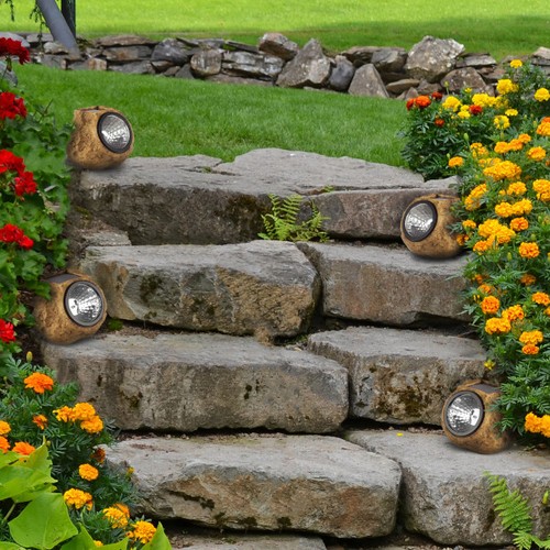 Set of 4 LED Solar Pathway Lights Shaped like Granite Rocks - Picture 4 of 4