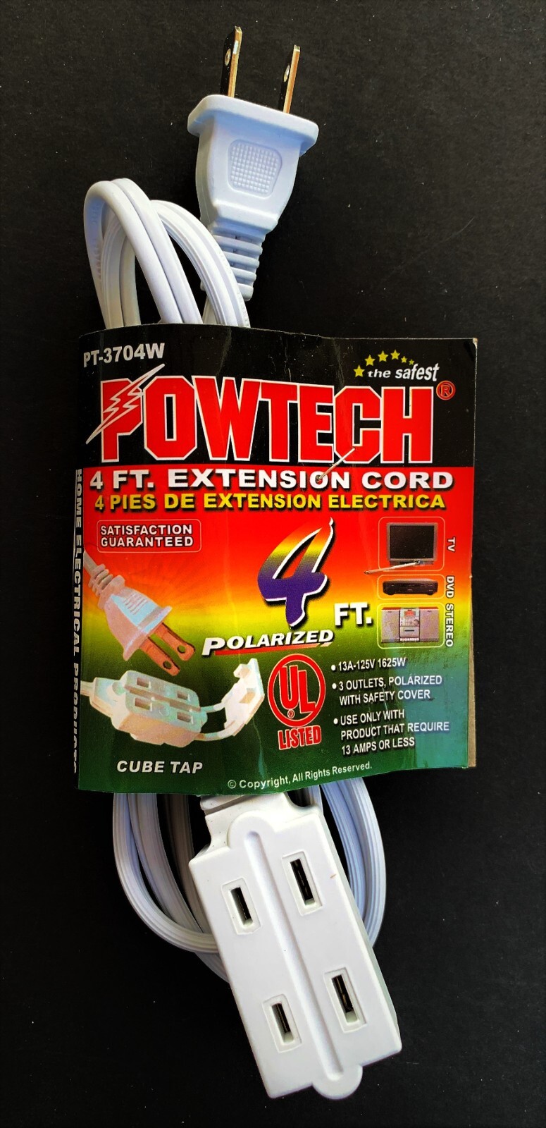 3 Pack White 4ft Electrical 3 Outlet Extension Cord 2 Prong 3-Way Power Splitter