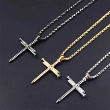 Mens Nail Cross Pendant Necklace Chain Gold/Silver/Black Stainless Steel Christ