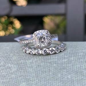 935 Argentium Silver Cushion CZ Bridal Set 14K White Gold