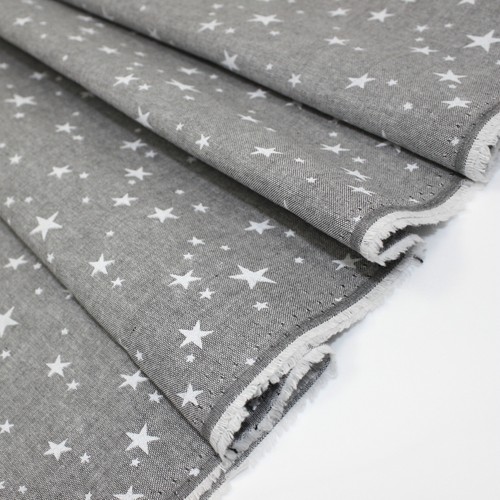 CHAMBRAY COTTON FABRIC - GREY - SWALLOWS BIRDS STARS STRIPES GINGHAM - Picture 8 of 25