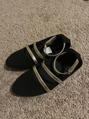 Girls American Eagle Gold Ankle Strap Ballet Flats Black Suede Size 1