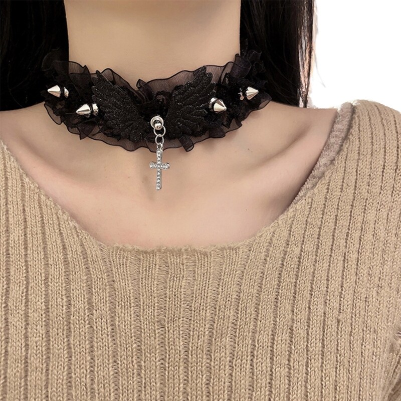 Women Punk Gothic Lolita-Choker Necklace Rivets Lace Collar Gothic Choker