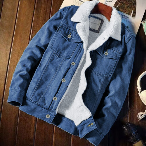 Herren Cowboy Jacke Sherpa Denim Jacket Jeansjacke Lammfell Winterjacke Mäntel - Bild 13 von 13