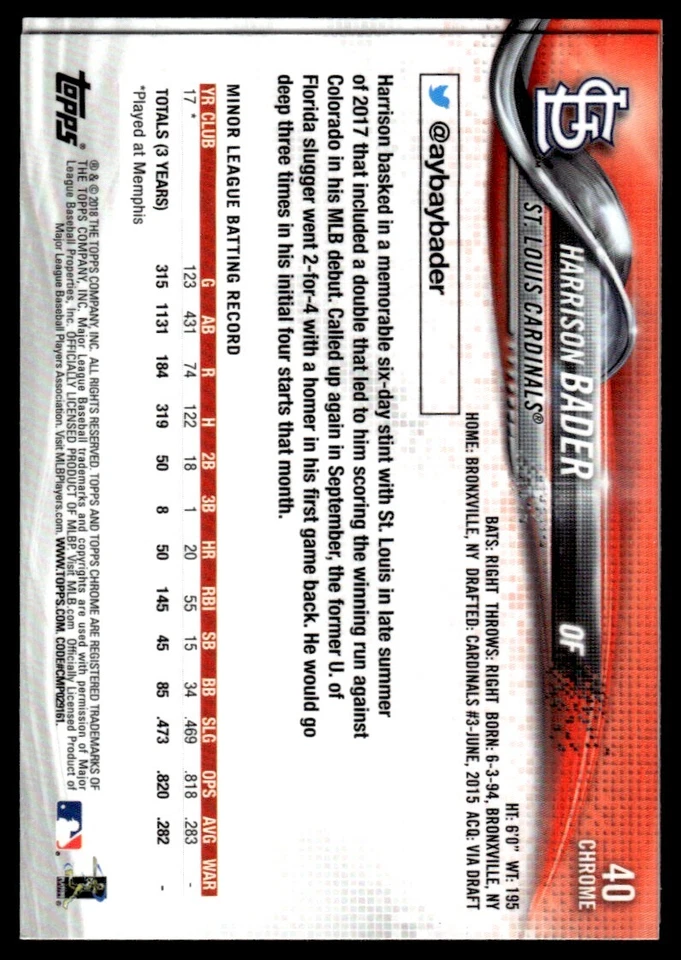 2018 Topps Chrome Harrison Bader Rookie St. Louis Cardinals #40 R7 - Image 2 of 2