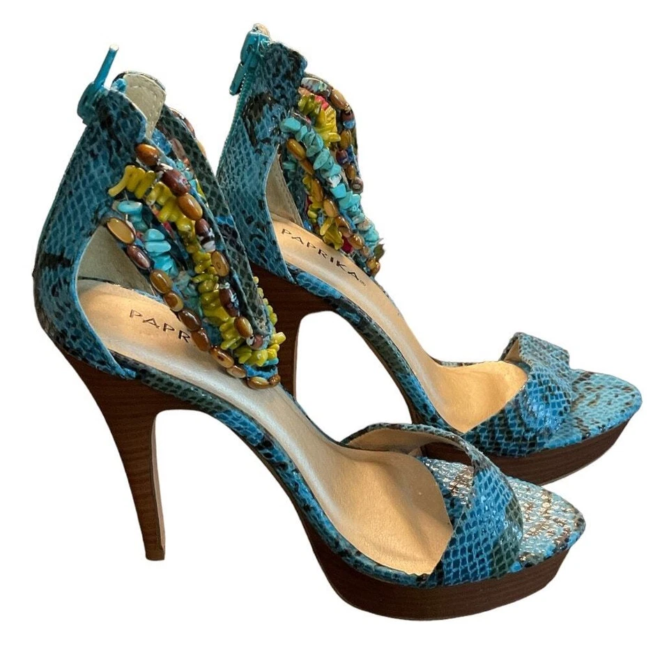 Sandalias de plataforma con correa de cuentas de piel de serpiente azul pimentón para mujer 7 stiletto 5 pulgadas Foto 2 de 4