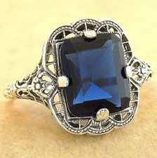 DECO ANTIQUE STYLE 925 STERLING SILVER SIMULATED 3 CT SAPPHIRE RING    1167X