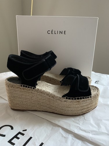 CELINE Espadrilles Black Velvet Scratch Wedge Platform Sandals Phoebe 40 NEW - Picture 5 of 12