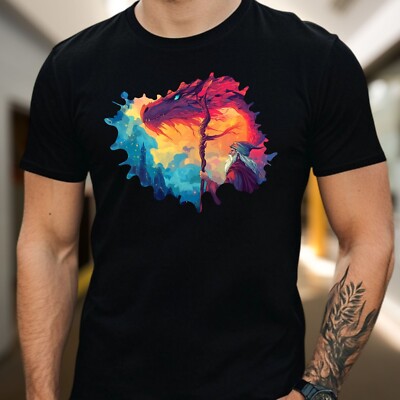 Mens Dragon Print Wizard Cotton T-Shirt Size XS to 5XL