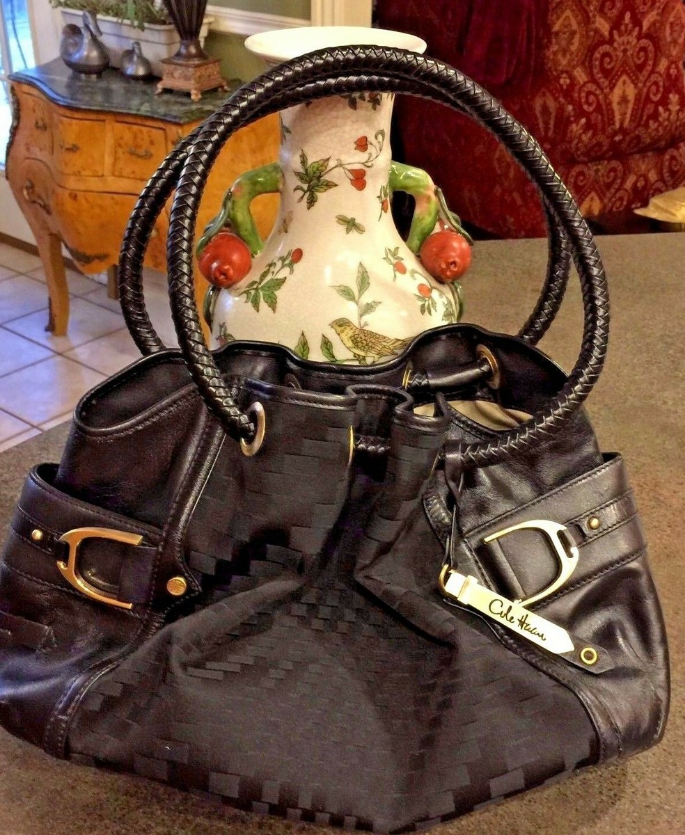 BAGS; COLE HAAN BLACK HERRINGBONE BROCADE SHOULDER BAG w/ BLACK