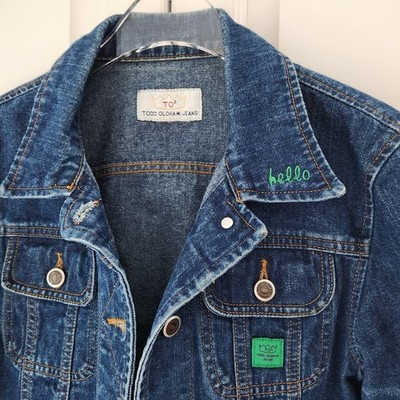 Rare Vtg 90 Todd Oldham TO2 Jean Jacket M Embroidery Hello on Collar  Blue Denim