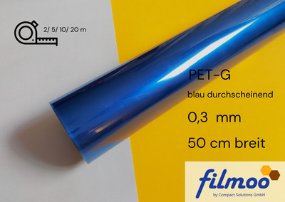 PET-G | Meterware | 0,3 mm | 50cm | blau durchscheinend | Tiefziehfolie | Thermo