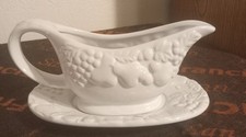 White Embossed Fruit 2-PC Two Piece Gravy Boat  Saucer