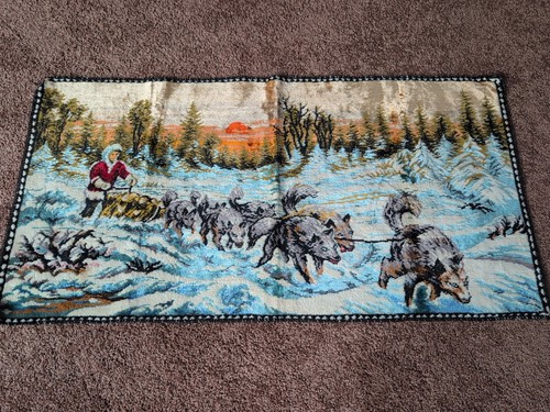 Vintage Alaska Inuet Dog Sled Velour Wall Tapestry 39" x 19.50" Retro 60s Art