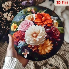 1pc 2D 2D Flat Retro Floral Metal Wall Art- Round Aluminum Sign with Colorful Bo