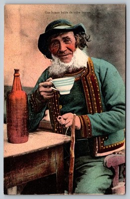 Vintage French Postcard Une bonne bolée de cidre breton Man with Cup