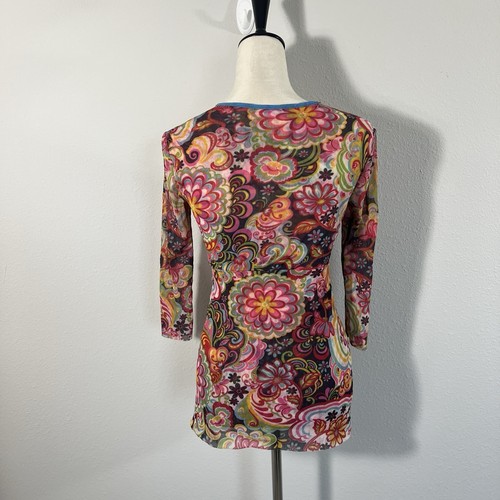 Y2K Retro Floral Semi Sheer Tunic Top Mod 70s Inspired Groovy Psychedelic Size M - Picture 4 of 5