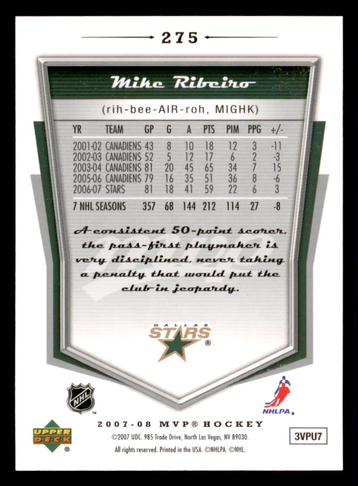 2007-08 Upper Deck MVP #275 Mike Ribeiro Dallas Stars - Image 2 of 2