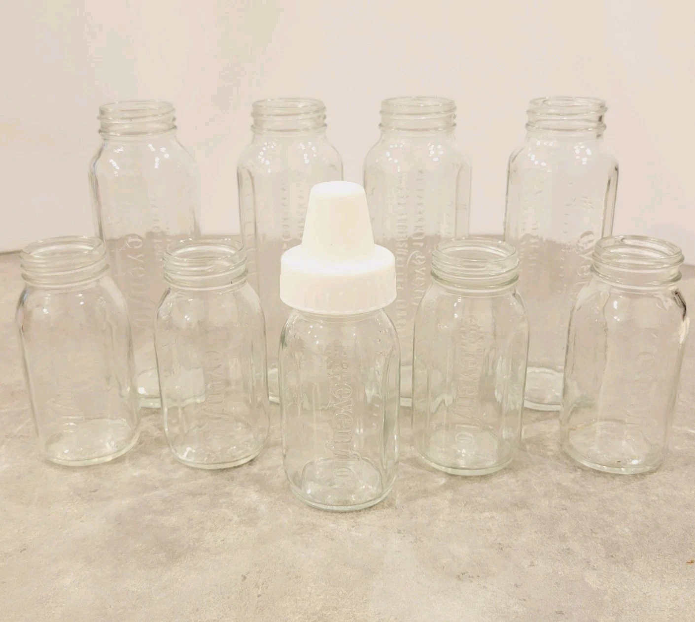 (Lot Of 9) Multi H Vintage Evenflo 4 oz. + 8 oz. GLASS Baby Bottles Made in USA