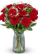 Benchmark Bouquets - 12 Long-Stemmed Red Roses Glass Vase Included -
