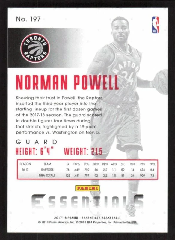 2017 PANINI ESSENTIALS NORMAN POWELL 197 MINT GREEN BASKETBALL TORONTO RAPTORS - Image 2 of 2