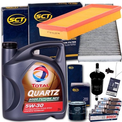FILTERSET+BOSCH ZÜNDKERZEN+TOTAL 5W30 ÖL passend für 1.4+1.6 FORD FOCUS 75+100ps