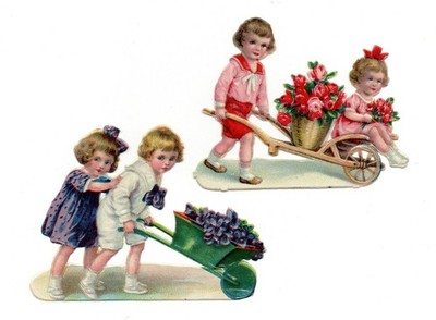Alte Oblaten Glanzbilder Scraps Kinder Schubkarre Blumen ... L&B 6,5cm Rar!!