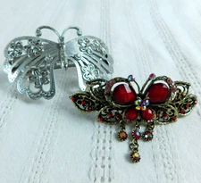Butterfly Sequined Hair Barrettes Clips, Lot of 2, Silver-tone, Red EUC
