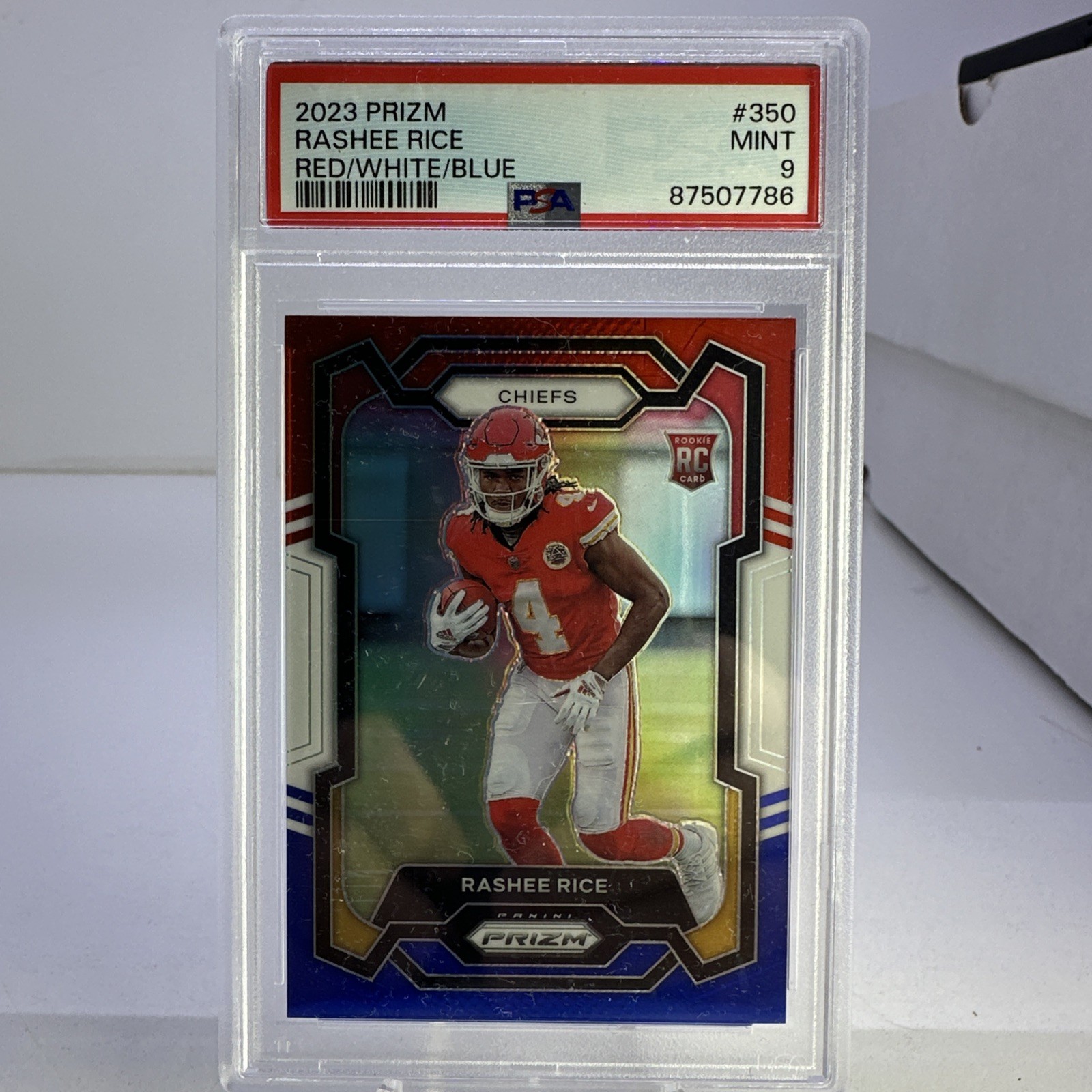2023 PRIZM RED WHITE BLUE #350 RASHEE RICE ROOKIE FOOTBALL CARD MINT PSA 9!!