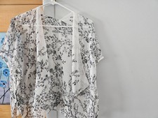 Boho Cropped Kimono, White,Grey and Black Floral Kimono, Bathing Suit Cover Up