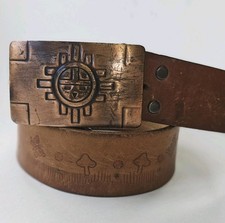 Vintage Copper Aztec Sun Belt Buckle Western Southwest With Stamped Leather Belt