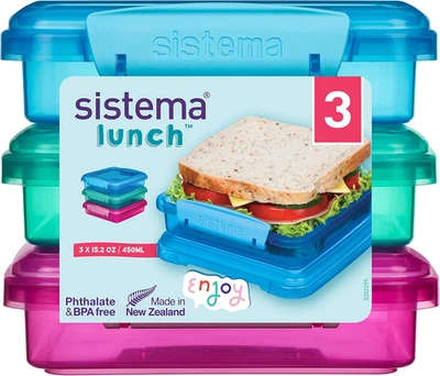 SISTEMA PLASTICS Sistema Airtight Lunch Sandwich Boxes - 3 Pack, 450ml, Assorted Colors