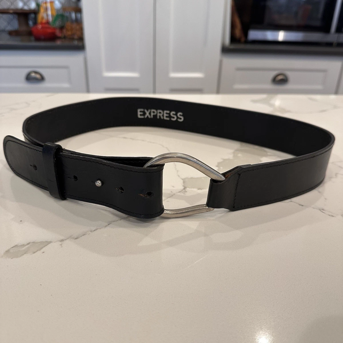 Express Black Leather Belt  Circle Studd Buckle Beltiscool Ladies Oval Buckle Metal Circle Studded Leather  main image 2