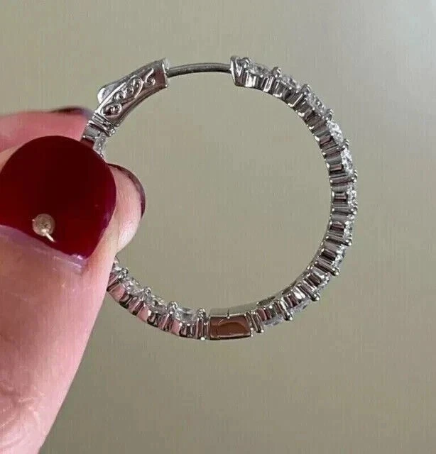 2Ct Round Lab Created Diamond Inside outside Huggie Hoop Earrings 10K White Gold - Image 4 of 4