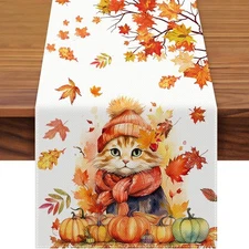 72 x 13 Inch Fall Cat Table Runner - Autumn Harvest Pumpkin and Leaves Pattern w