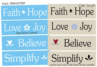 Faith Hope Love 4 pc STENCIL set Joy Believe Simplify Family Craft DIY Signs