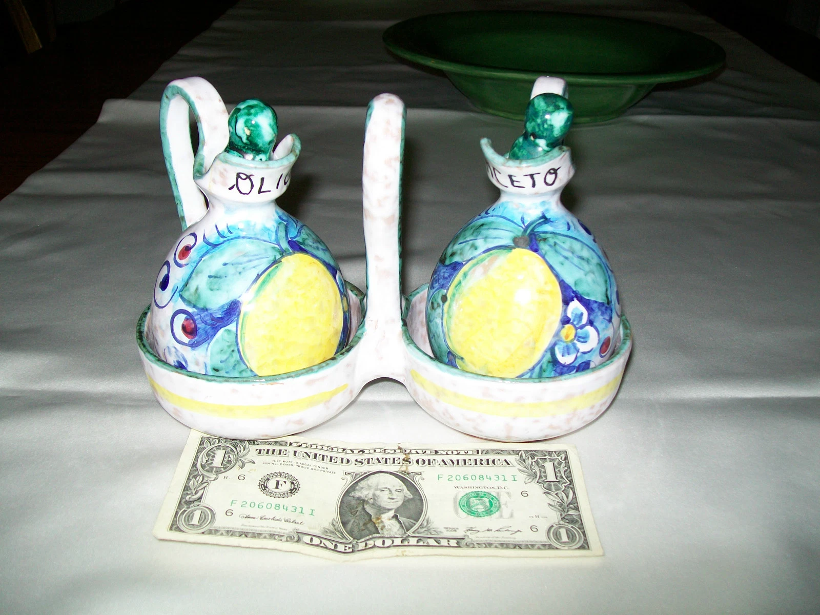 CERAMIC OIL AND VINEGAR CRUET SET WITH CADDY LEMON FRUIT DESIGN